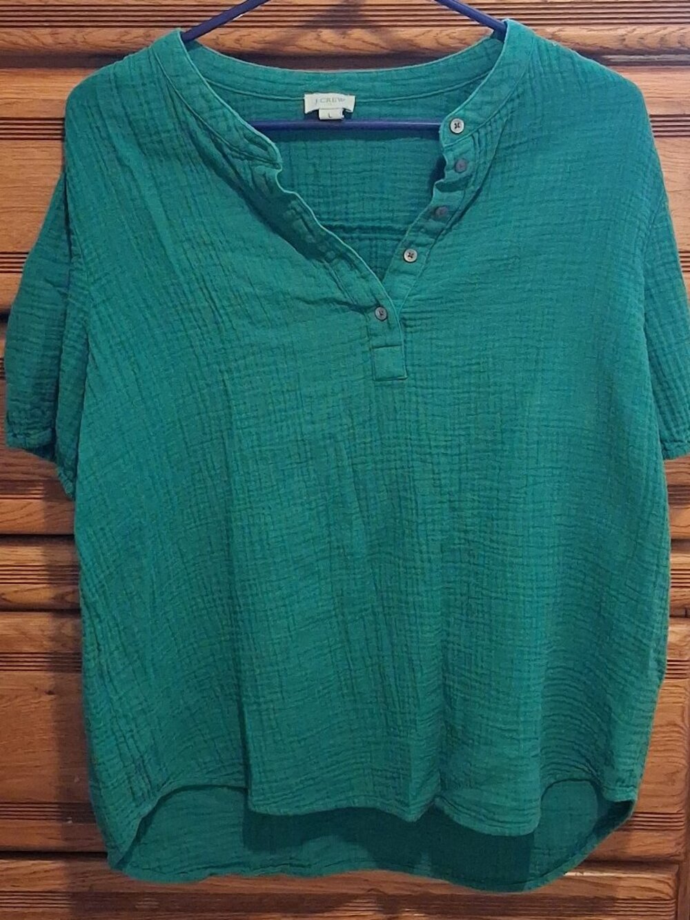 J Crew Double Gauze Cotton Puff Sleeve Henley Top Green Womens Large